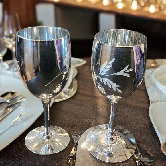 Candlelite Crystal Mueller Etched Glass Silver Goblets Wine Hand Blown Vintage - Picture 1 of 7